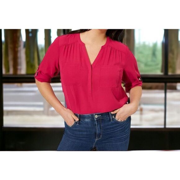 Torrid Womens Harper Roll Tab Sleeve Top Size 3X MarloRed V Neck Collared Career - Picture 1 of 6